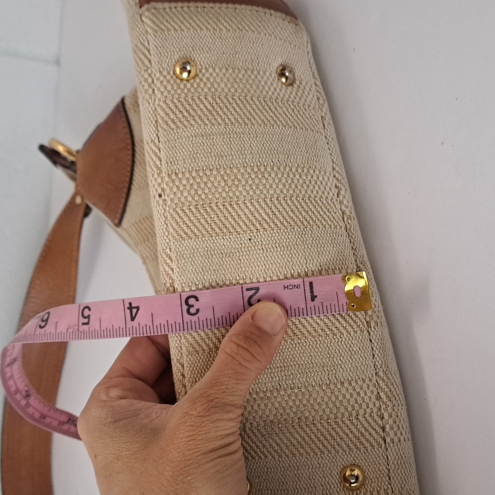 Etienne Aigner Leather And Woven Fabric Shoulder Bag Gold Metal Ring Accents - Picture 15 of 16